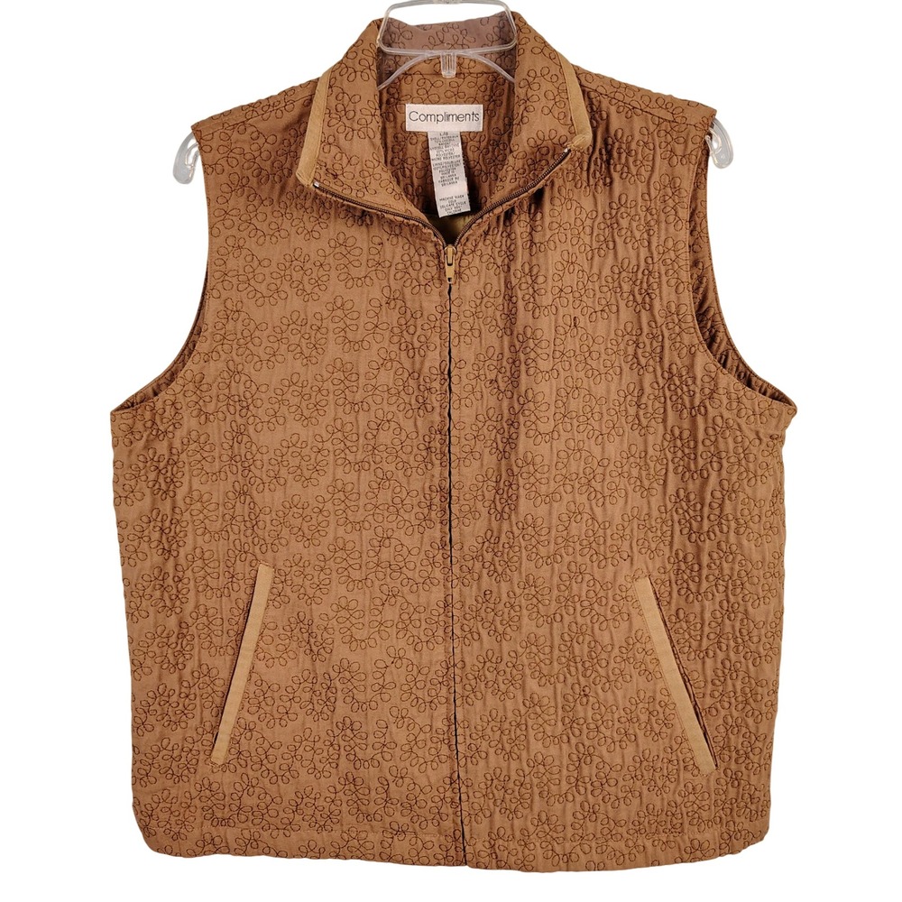 Womens L Compliments Embroidered Zip Vest Brown Lyocell Gorpcore Cabin Core